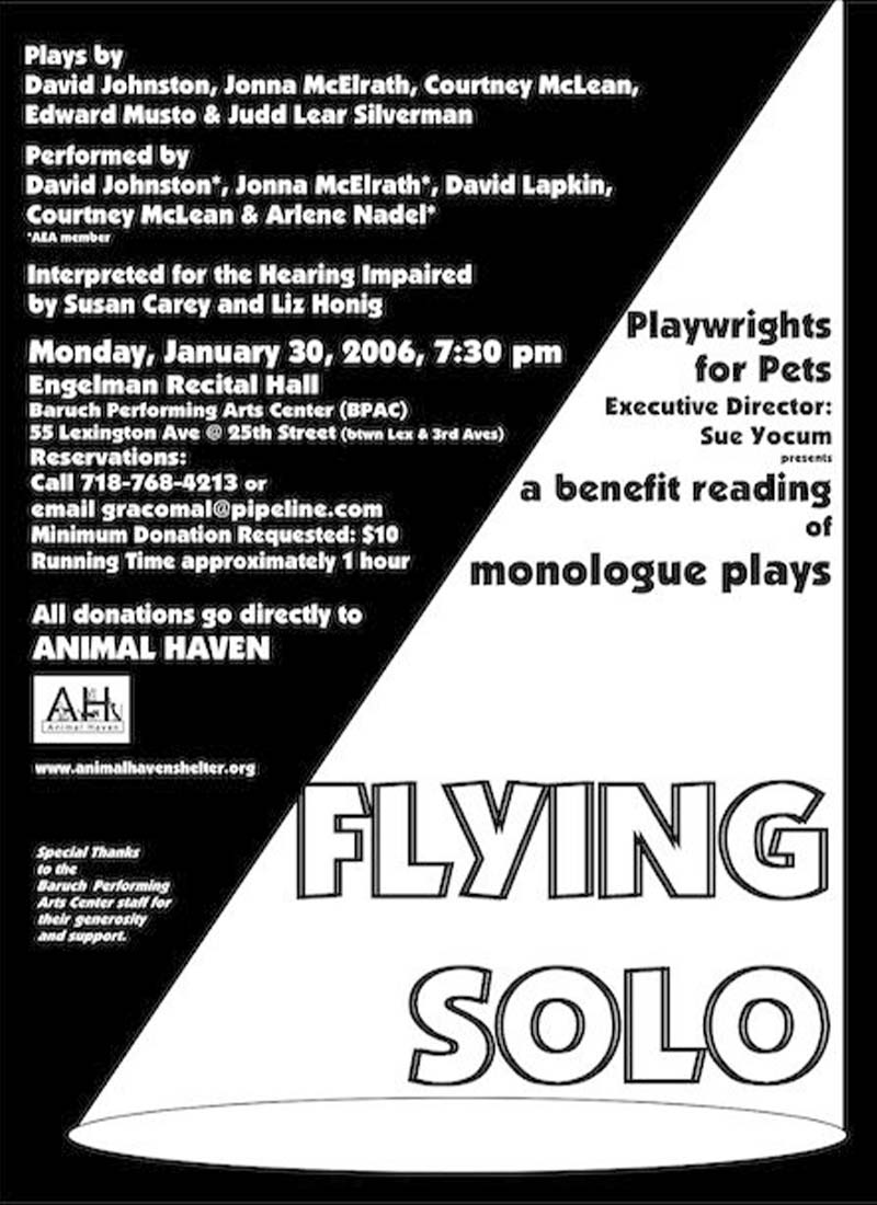 Playwrights for Pets Flying Solo Play Bill